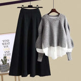 Winter Set for Women 2025 New Slimming Fake Two-piece Knitted Sweater Age Reducing Half Skirt Two-piece Set