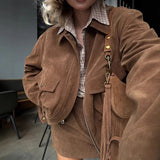 Women Causal Long Sleeve Solid 2Pc Outfits Elegant Commute Hight Street Loose Set Fashion Lapel Zip Short Coat & Mini Skirt Suit