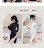 Summer sexy Dresses for Women white O neck hip-covering mid-length Satin Lace up backless sexy tight fitting long sleeved dress