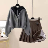 Autumn and Winter Set Women's New Korean Version Slimming Fake Two-piece Jacket Age Reducing Pleated Skirt Two-piece Set