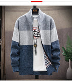 Autumn Winter Cardigan Sweater Men Fleece Zipper Sweaters Velvet Contrast Striped Sweater Coats Casual Jackets
