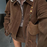 Women Causal Long Sleeve Solid 2Pc Outfits Elegant Commute Hight Street Loose Set Fashion Lapel Zip Short Coat & Mini Skirt Suit