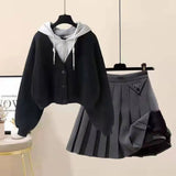 Autumn and Winter Set Women's New Korean Version Slimming Fake Two-piece Jacket Age Reducing Pleated Skirt Two-piece Set