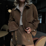 Women Causal Long Sleeve Solid 2Pc Outfits Elegant Commute Hight Street Loose Set Fashion Lapel Zip Short Coat & Mini Skirt Suit