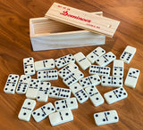 Premium Set of 28 Double Six Dominoes Wood Case Center Golden Pins for Easy Flip