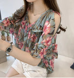 Sweet Flared Sleeve Printed Off-the-shoulder Chiffon Shirt