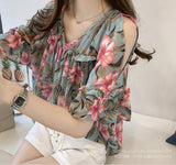 Sweet Flared Sleeve Printed Off-the-shoulder Chiffon Shirt