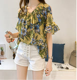 Sweet Flared Sleeve Printed Off-the-shoulder Chiffon Shirt