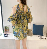 Sweet Flared Sleeve Printed Off-the-shoulder Chiffon Shirt