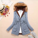 Long Women's Cotton-Padded Jacket With Wool Collar