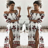 One-shoulder printed elastic waist split long dress