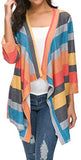Women's Striped Printed Open Front Draped Kimono Loose Cardigan Red X-Large