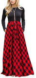 Women's Plaid Long Sleeve Empire Waist Full Length Maxi Dress with Pockets
