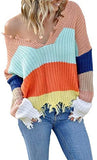 Womens V Neck Cotton Knit Pullover Sweater Solid Lightweight Oversized Long Sleeve