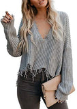 Womens V Neck Cotton Knit Pullover Sweater Solid Lightweight Oversized Long Sleeve