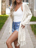 Womens Knit Cardigans Open Front Hollow Out Crochet Tassel Long Sleeve Sweater Coat