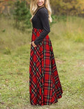 Women's Plaid Long Sleeve Empire Waist Full Length Maxi Dress with Pockets