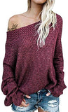 Exlura Women's Off Shoulder Batwing Sleeve Loose Oversized Pullover Sweater Knit Jumper