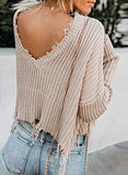 Womens V Neck Cotton Knit Pullover Sweater Solid Lightweight Oversized Long Sleeve