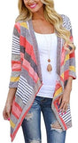 Women's Striped Printed Open Front Draped Kimono Loose Cardigan Red X-Large