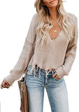 Womens V Neck Cotton Knit Pullover Sweater Solid Lightweight Oversized Long Sleeve