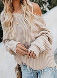Womens V Neck Cotton Knit Pullover Sweater Solid Lightweight Oversized Long Sleeve