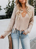 Womens V Neck Cotton Knit Pullover Sweater Solid Lightweight Oversized Long Sleeve