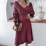 Women Autumn Winter Solid Knitting Suit Long Sleeve Off The Shoulder Sweater Pleated Skirt Bright Silk Two Piece Set