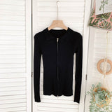 Autumn Zipper Knitted Sweater Women Turndown-Collar Long Sleeve Elastic Tops