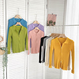 Autumn Zipper Knitted Sweater Women Turndown-Collar Long Sleeve Elastic Tops