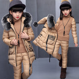 Girls Winter 3 Piece Set Jacket Warm Top Cotton Pants Kids Coats with Fur Hooded Outerwear