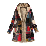Winter Vintage Women's Coat Warm Printing Thick Fleece Hooded Long Jacket with Pocket