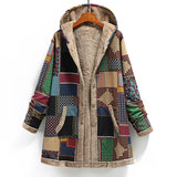 Winter Vintage Women's Coat Warm Printing Thick Fleece Hooded Long Jacket with Pocket