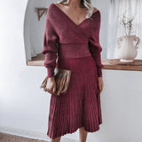 Women Autumn Winter Solid Knitting Suit Long Sleeve Off The Shoulder Sweater Pleated Skirt Bright Silk Two Piece Set