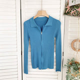 Autumn Zipper Knitted Sweater Women Turndown-Collar Long Sleeve Elastic Tops