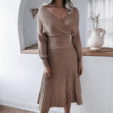 Women Autumn Winter Solid Knitting Suit Long Sleeve Off The Shoulder Sweater Pleated Skirt Bright Silk Two Piece Set