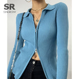 Autumn Zipper Knitted Sweater Women Turndown-Collar Long Sleeve Elastic Tops