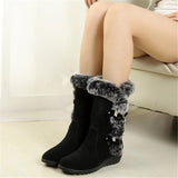 Winter Women Snow Boots Casual Warm Fur Mid-Calf Shoes Slip-On Round Toe wedges