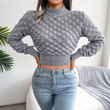 Women Fashion Fall Winter 3D Diamond Cutout Long Sleeve Solid Color Chic Crop Knit Sweater