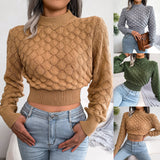 Women Fashion Fall Winter 3D Diamond Cutout Long Sleeve Solid Color Chic Crop Knit Sweater