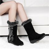 Winter Women Snow Boots Casual Warm Fur Mid-Calf Shoes Slip-On Round Toe wedges