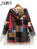 Winter Vintage Women's Coat Warm Printing Thick Fleece Hooded Long Jacket with Pocket