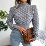 Women Fashion Fall Winter 3D Diamond Cutout Long Sleeve Solid Color Chic Crop Knit Sweater