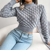 Women Fashion Fall Winter 3D Diamond Cutout Long Sleeve Solid Color Chic Crop Knit Sweater