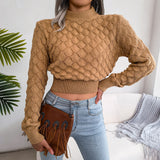 Women Fashion Fall Winter 3D Diamond Cutout Long Sleeve Solid Color Chic Crop Knit Sweater