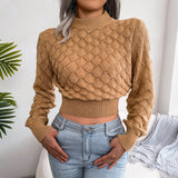 Women Fashion Fall Winter 3D Diamond Cutout Long Sleeve Solid Color Chic Crop Knit Sweater