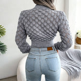 Women Fashion Fall Winter 3D Diamond Cutout Long Sleeve Solid Color Chic Crop Knit Sweater