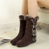 Winter Women Snow Boots Casual Warm Fur Mid-Calf Shoes Slip-On Round Toe wedges