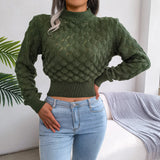 Women Fashion Fall Winter 3D Diamond Cutout Long Sleeve Solid Color Chic Crop Knit Sweater