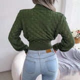 Women Fashion Fall Winter 3D Diamond Cutout Long Sleeve Solid Color Chic Crop Knit Sweater